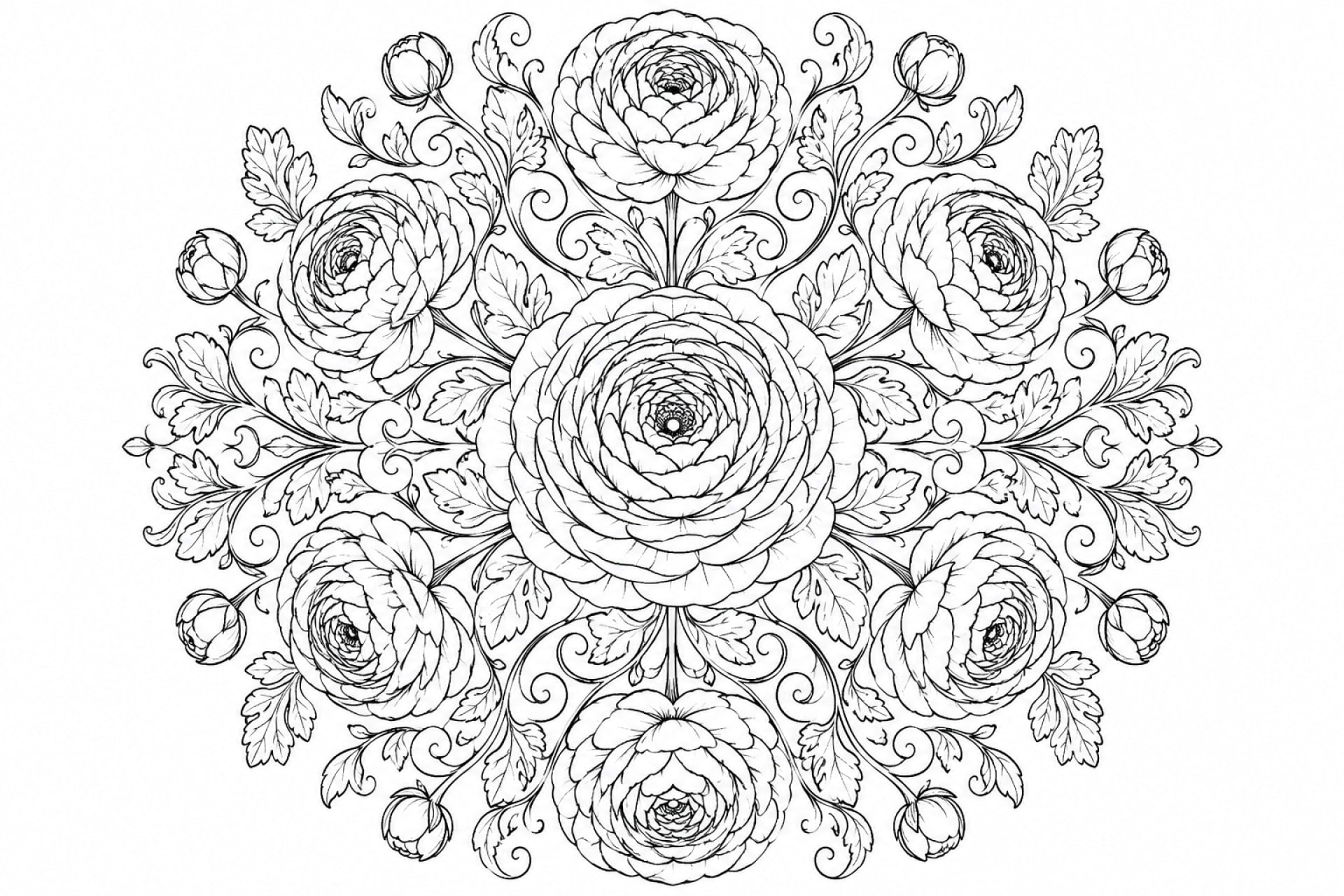 Ranunkel Mandala - Ausmalbild ab Erwachsene