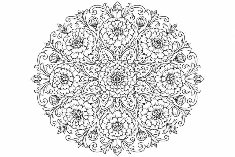 Ringelblumen Mandala - Ausmalbild ab Erwachsene