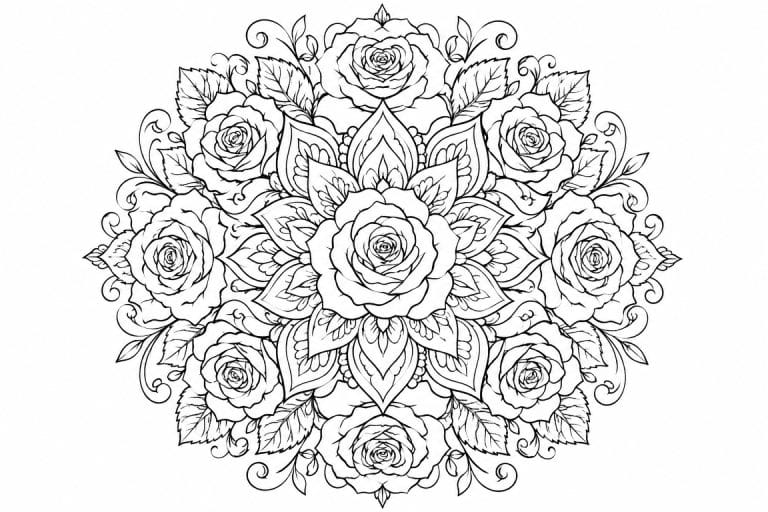 Rosen Mandala mit Blättern - Ausmalbild ab Erwachsene