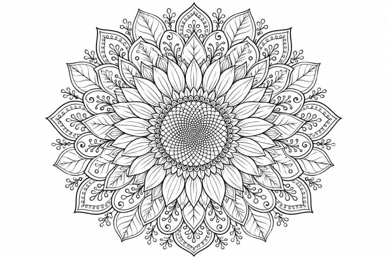 Sonnenblumen Mandala - Ausmalbild ab Erwachsene
