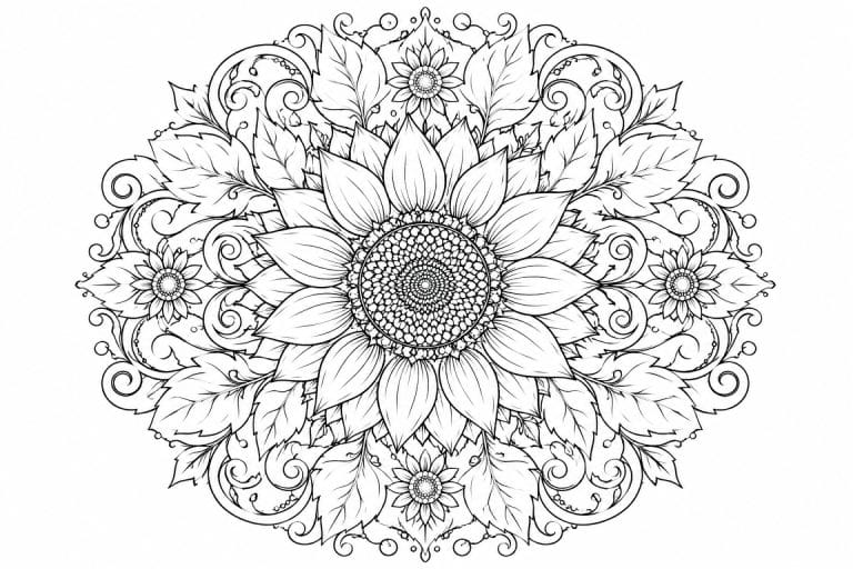 Sonnenblumen Mandala mit Blätterranken - Ausmalbild ab Erwachsene