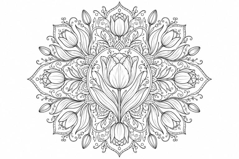 Tulpen Mandala mit Knospen - Ausmalbild ab Erwachsene