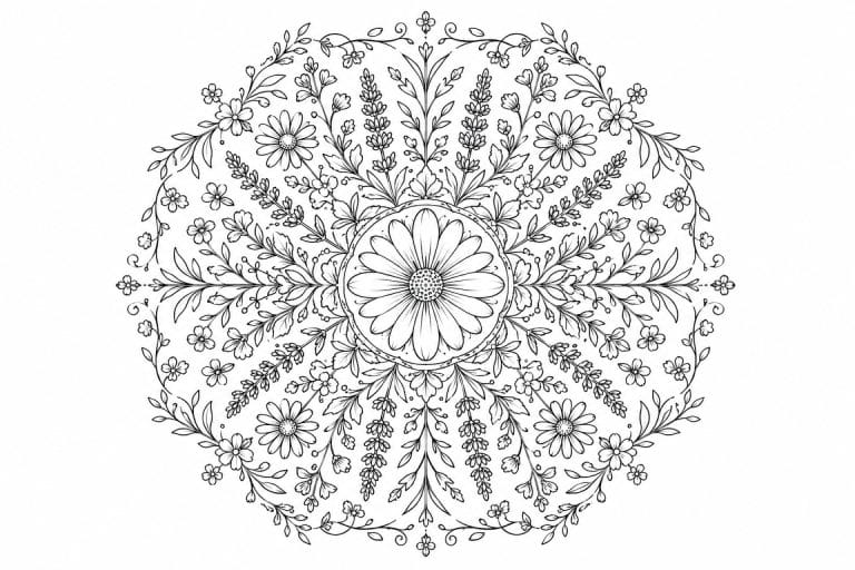 Wildblumen Mandala mit Lavendel - Ausmalbild ab Erwachsene