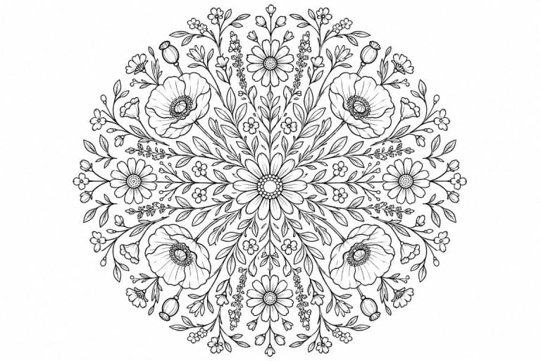 Wildblumen Mandala mit Mohnblüten - Ausmalbild ab Erwachsene