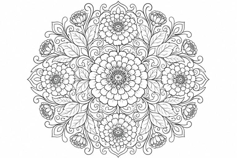Zinnien Mandala - Ausmalbild ab Erwachsene
