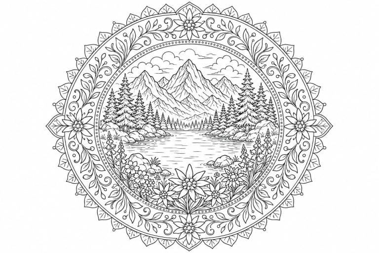 Alpen Mandala mit Bergsee - Ausmalbild ab Erwachsene