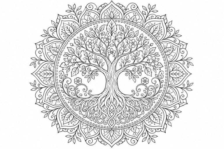 Baum des Lebens Mandala - Ausmalbild ab Erwachsene