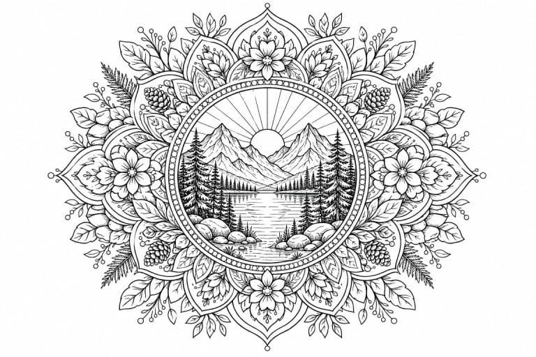Bergsee Mandala mit Sonnenaufgang - Ausmalbild ab Erwachsene