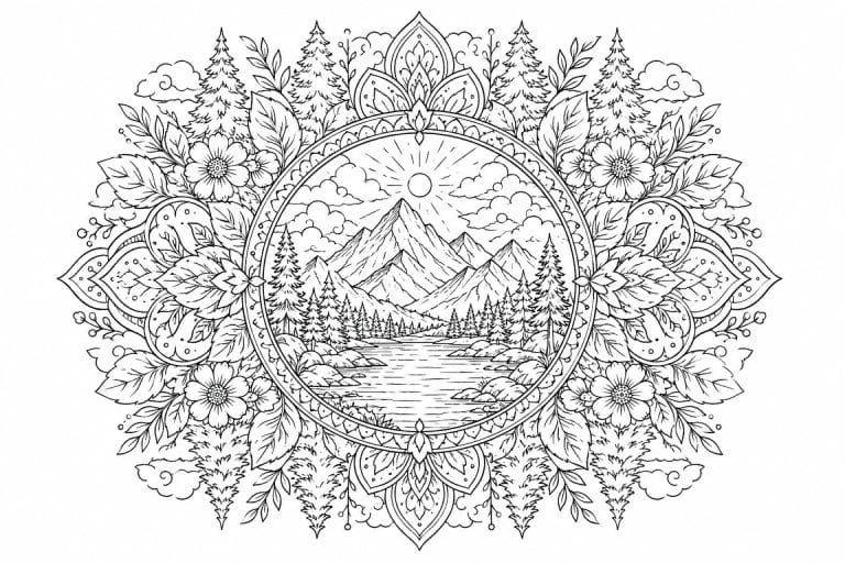 Bergsee Natur Mandala - Ausmalbild ab Erwachsene