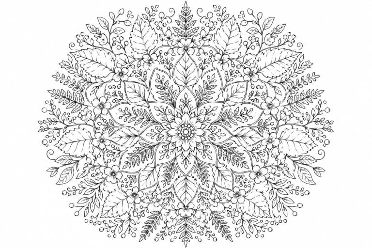 Botanisches Blätter Mandala - Ausmalbild ab Erwachsene