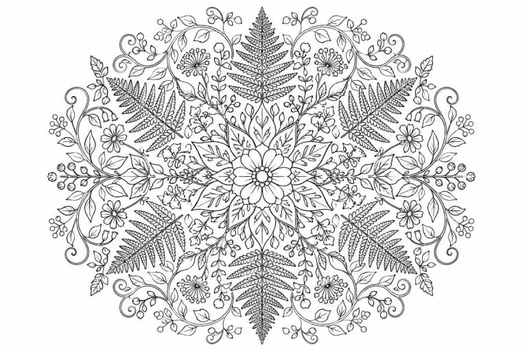 Farn und Wildblumen Mandala - Ausmalbild ab Erwachsene