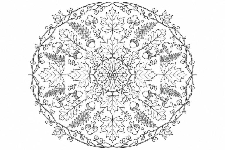 Herbstwald Mandala mit Blättern und Pilzen - Ausmalbild ab Erwachsene