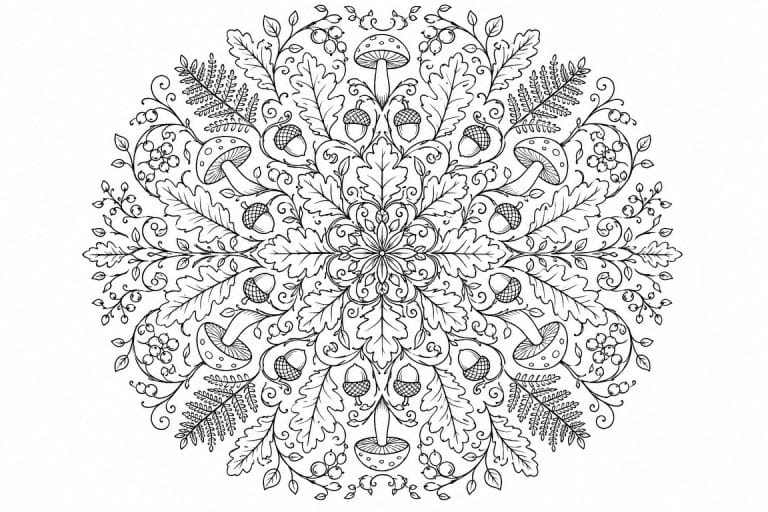 Herbstwald Mandala mit Pilzen und Eicheln - Ausmalbild ab Erwachsene