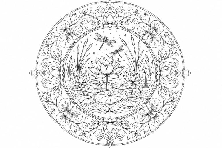 Lotus Teich Mandala - Ausmalbild ab Erwachsene