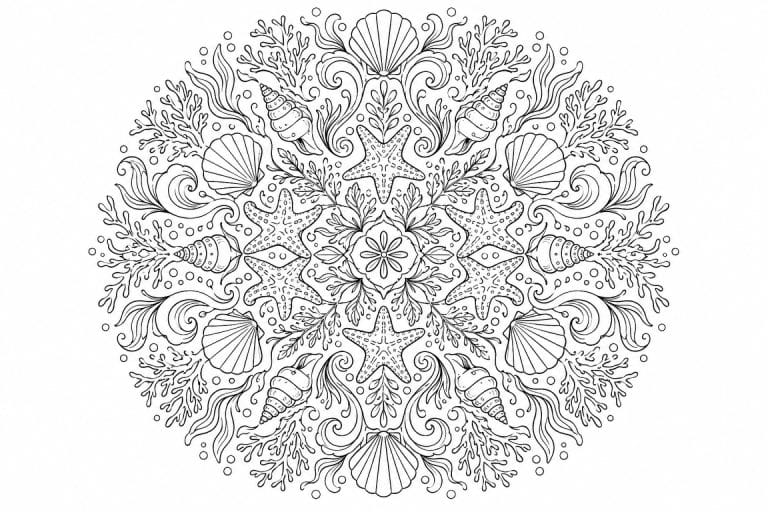 Meeres Mandala mit Muscheln und Seesternen - Ausmalbild ab Erwachsene