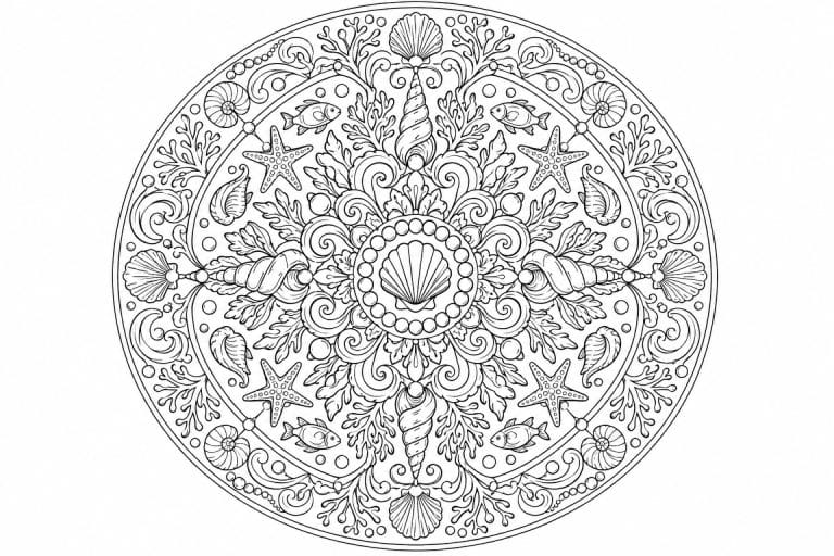 Ozean Mandala mit Muscheln und Fischen - Ausmalbild ab Erwachsene