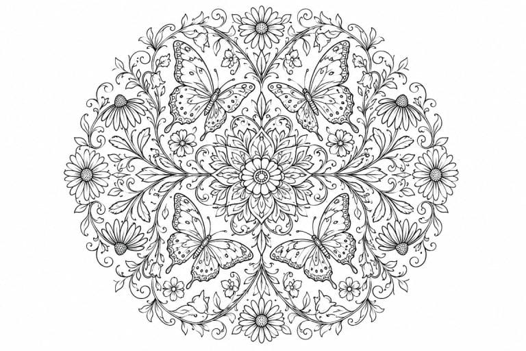 Schmetterlings Mandala mit Wildblumen - Ausmalbild ab Erwachsene
