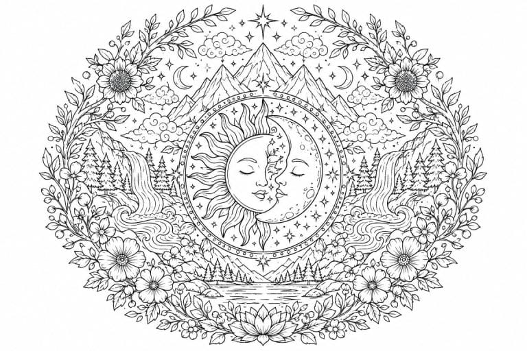 Sonne und Mond Natur Mandala - Ausmalbild ab Erwachsene
