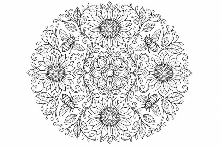 Sonnenblumen Mandala mit Bienen - Ausmalbild ab Erwachsene