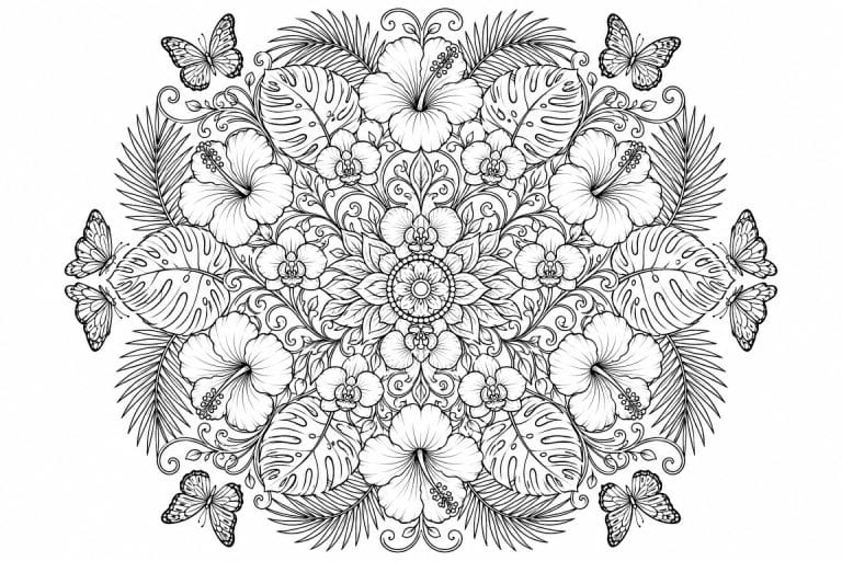 Tropisches Blüten Mandala mit Schmetterlingen - Ausmalbild ab Erwachsene