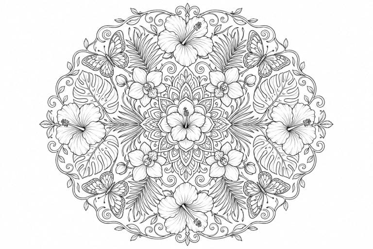 Tropisches Mandala mit Hibiskus und Schmetterlingen - Ausmalbild ab Erwachsene