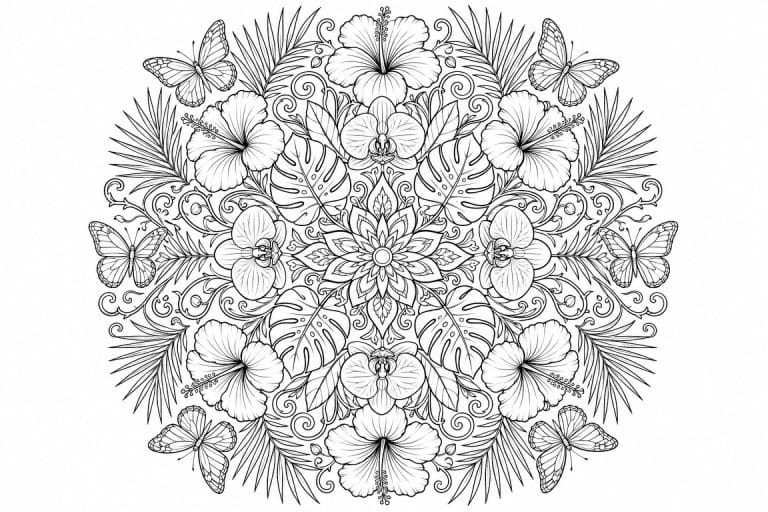 Tropisches Natur Mandala mit Schmetterlingen - Ausmalbild ab Erwachsene