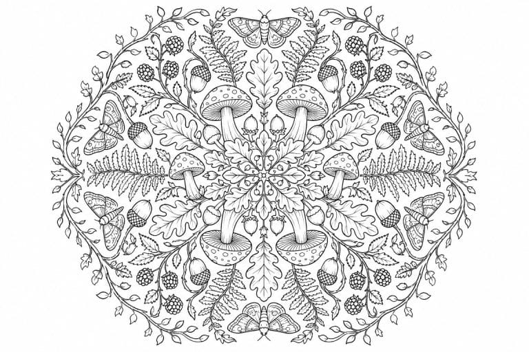 Wald Mandala mit Pilzen und Motten - Ausmalbild ab Erwachsene