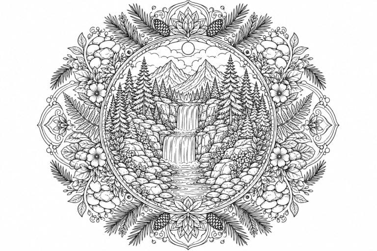Wasserfall Wald Mandala - Ausmalbild ab Erwachsene