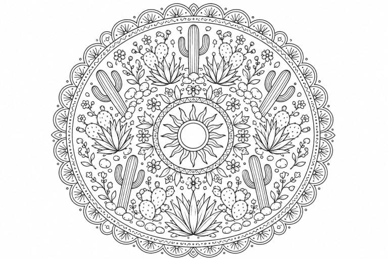 Wüsten Mandala mit Kakteen - Ausmalbild ab Erwachsene