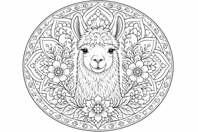 Alpaka-Blumenmandala - Ausmalbild ab Erwachsene