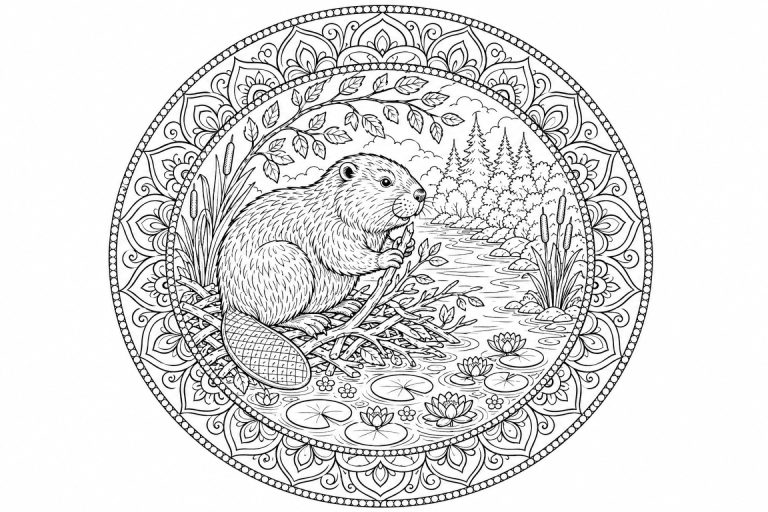Biber-Flussmandala - Ausmalbild ab Erwachsene