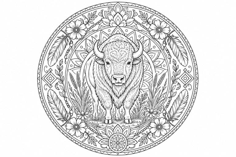 Bison-Präriemandala für Erwachsene - Ausmalbild ab Erwachsene