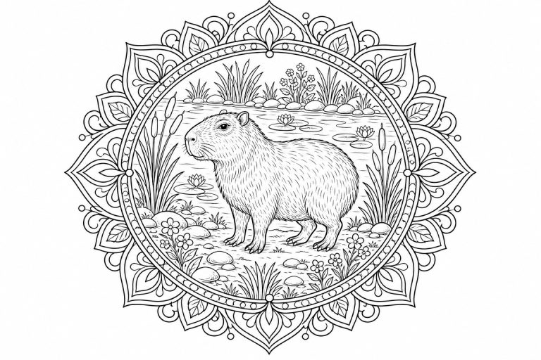 Capybara-Teichmandala - Ausmalbild ab Erwachsene