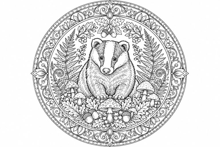Dachs-Waldmandala - Ausmalbild ab Erwachsene