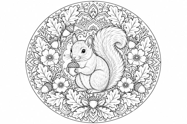 Eichhörnchen-Eichelmandala - Ausmalbild ab Erwachsene
