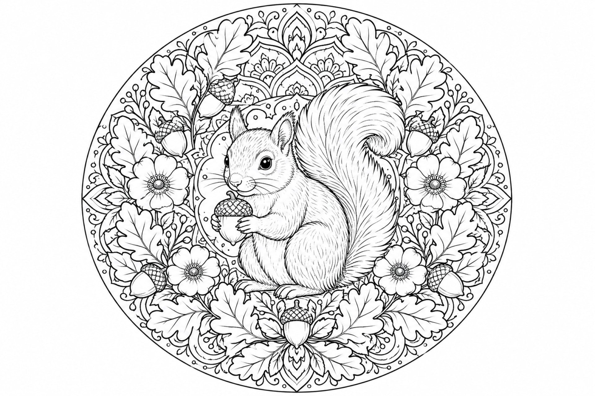 Eichhörnchen-Eichelmandala - Ausmalbild ab Erwachsene