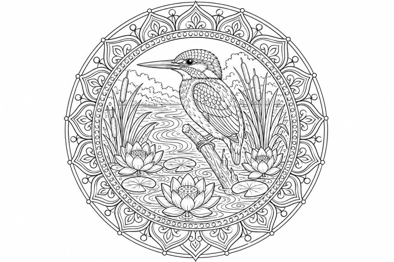 Eisvogel-Teichmandala - Ausmalbild ab Erwachsene