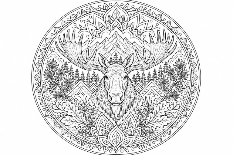 Elch-Bergmandala - Ausmalbild ab Erwachsene
