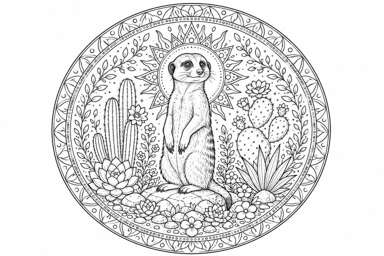 Erdmännchen-Wüstenmandala - Ausmalbild ab Erwachsene