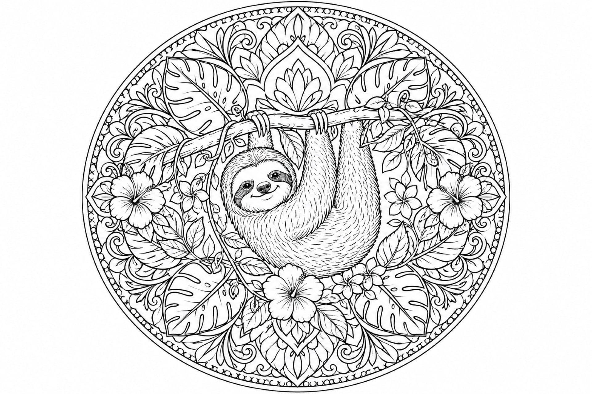Faultier-Tropenmandala - Ausmalbild ab Erwachsene