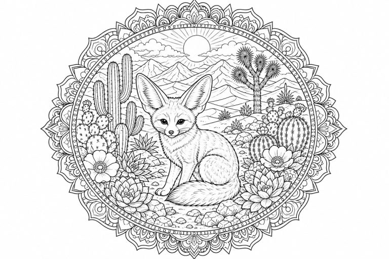 Fennek-Wüstenmandala - Ausmalbild ab Erwachsene