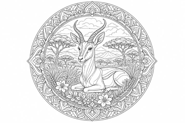 Gazellen-Savannenmandala - Ausmalbild ab Erwachsene