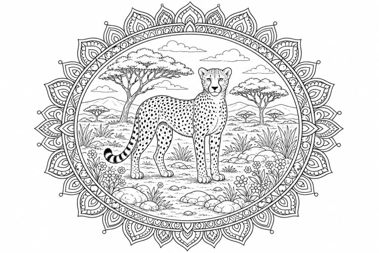 Geparden-Savannenmandala - Ausmalbild ab Erwachsene