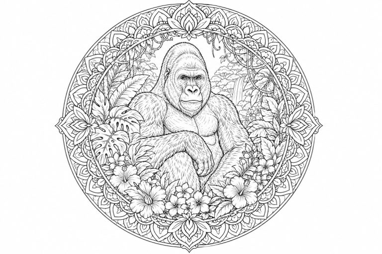 Gorilla-Dschungelmandala - Ausmalbild ab Erwachsene