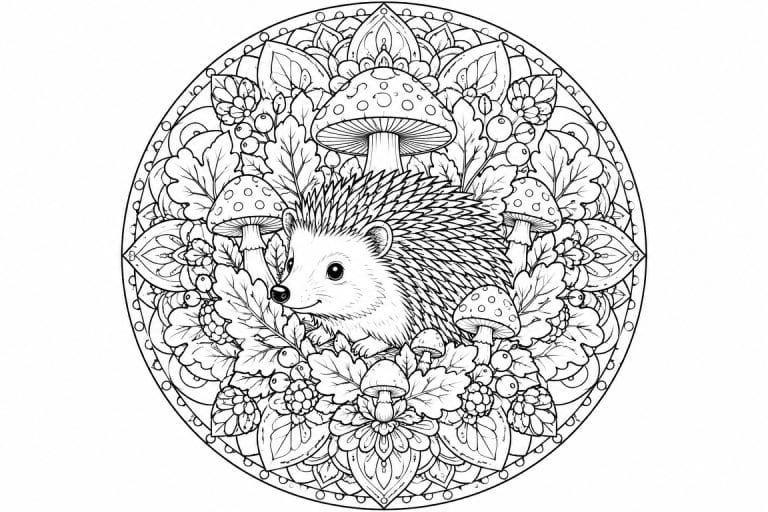 Igel-Waldpilzmandala - Ausmalbild ab Erwachsene