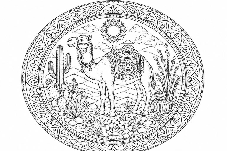 Kamel-Wüstenmandala - Ausmalbild ab Erwachsene