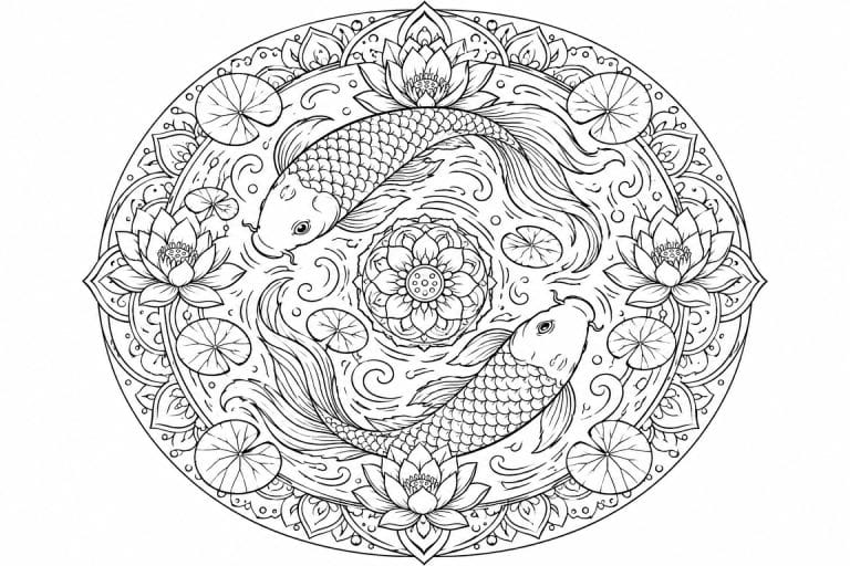 Koi-Lotusmandala - Ausmalbild ab Erwachsene