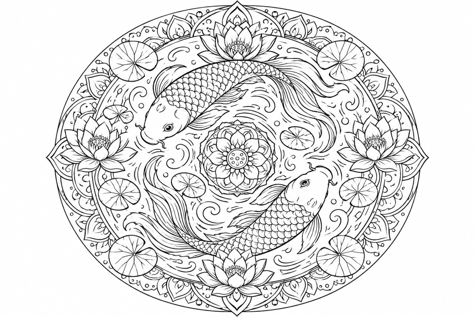 Koi-Lotusmandala - Ausmalbild ab Erwachsene