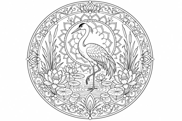 Kranich-Seerosenmandala - Ausmalbild ab Erwachsene