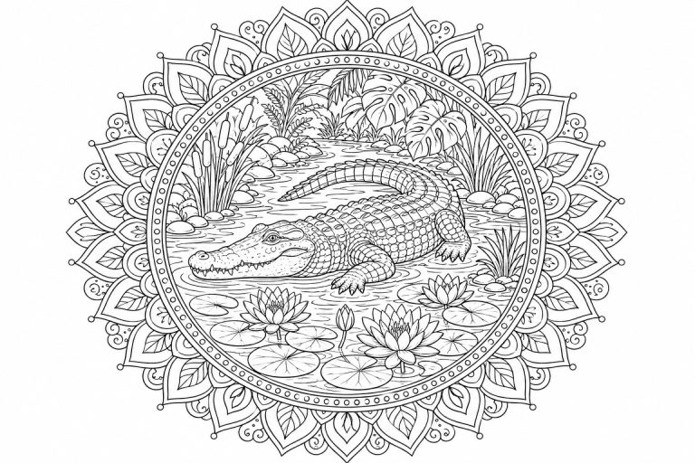 Krokodil-Seerosenmandala - Ausmalbild ab Erwachsene